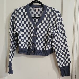Sincerely Jules Checkered Cardigan - Navy and White